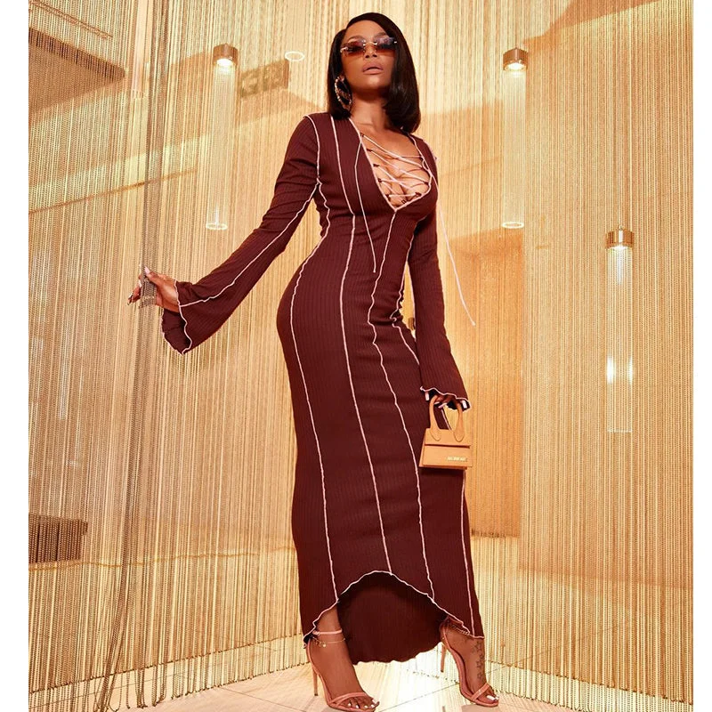 Women's Transitional Apparel Modern Romance Julia Fashion - Women Sexy V Neck Lace Up Patchwork Bodycon Dress