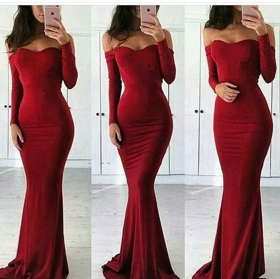 Affordable Women's Clothes Mid - Week Surprise Amazing New Sweetheart Off the Shoulder Sexy Fitted Prom Dress Red Long Sleeved Evening Party Gown LP0541