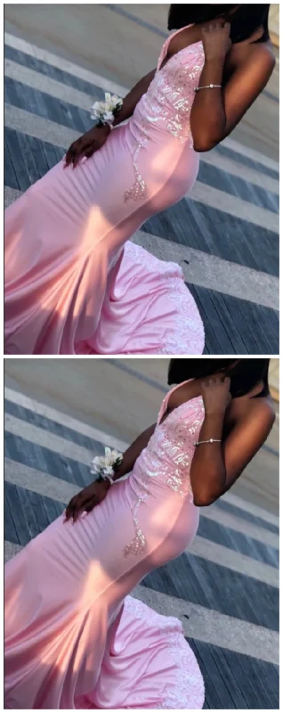 Women's Vacation Outfit Vibrant Prints Unique Pink Halter Lace Sequin Satin Prom Dresses   cg9294