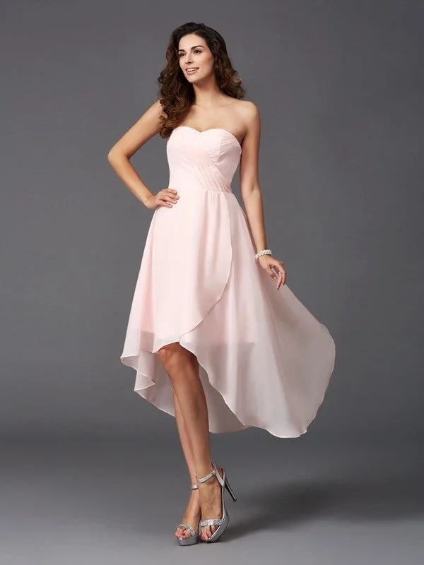 Women's Comfortable Garments Feminine Flow A-Line/Princess Sweetheart Ruffles Sleeveless High Low Chiffon Bridesmaid Dresses