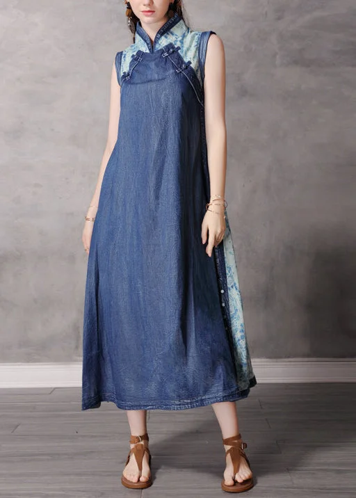 Women's Activewear Apparel Casual Weekend Relaxed Style 2024 Blue Stand Collar Button Patchwork Long Denim Dress Sleeveless