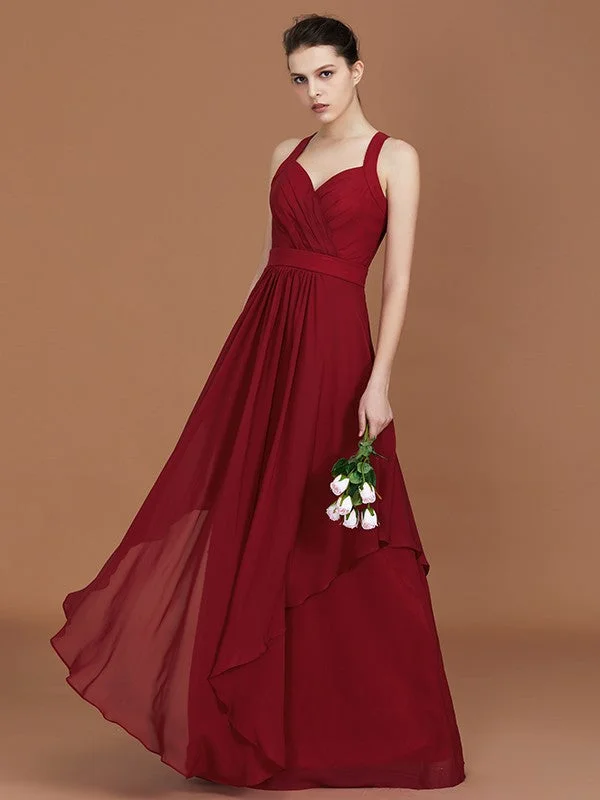 Comfortable Women's Clothing Feminine Flow A-Line/Princess Straps Chiffon Ruched Floor-Length Sleeveless Bridesmaid Dresses