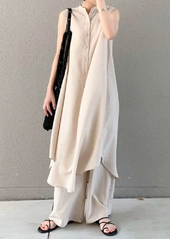 Women's Athletic Outfit Elegant Contour Modern Beige Stand Collar Patchwork Linen Dresses Sleeveless