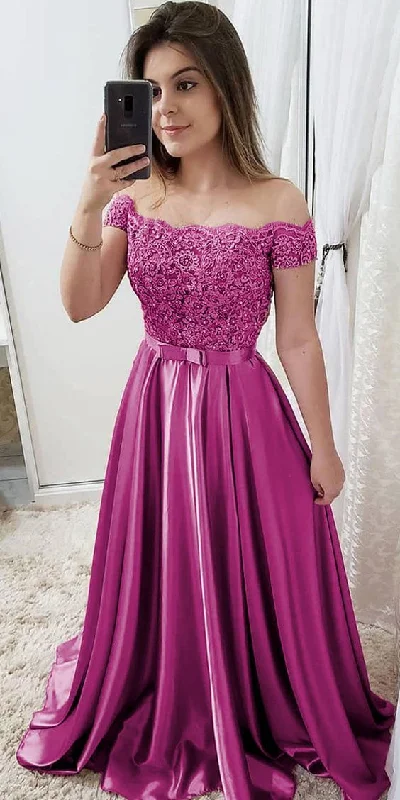 Trendy Athleisure Clothing For Women Anniversary Sale Chic Tulle & Satin Off-the-shoulder Neckline Floor-length prom dress With Beaded Lace Appliques & Bowknot   cg10678