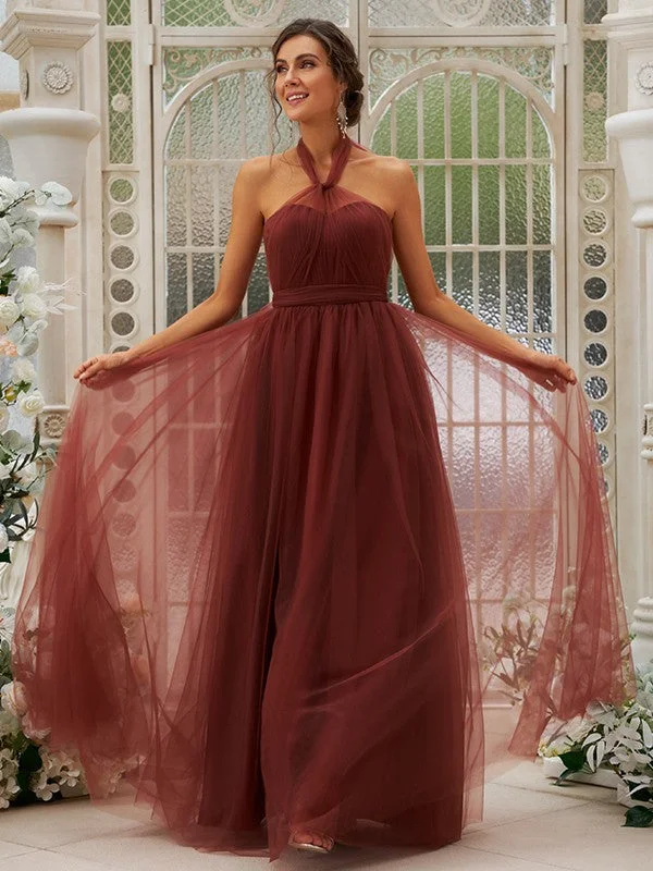 Women's Holiday Clothing Holiday Sale A-Line/Princess Tulle Ruffles Halter Sleeveless Floor-Length Bridesmaid Dresses