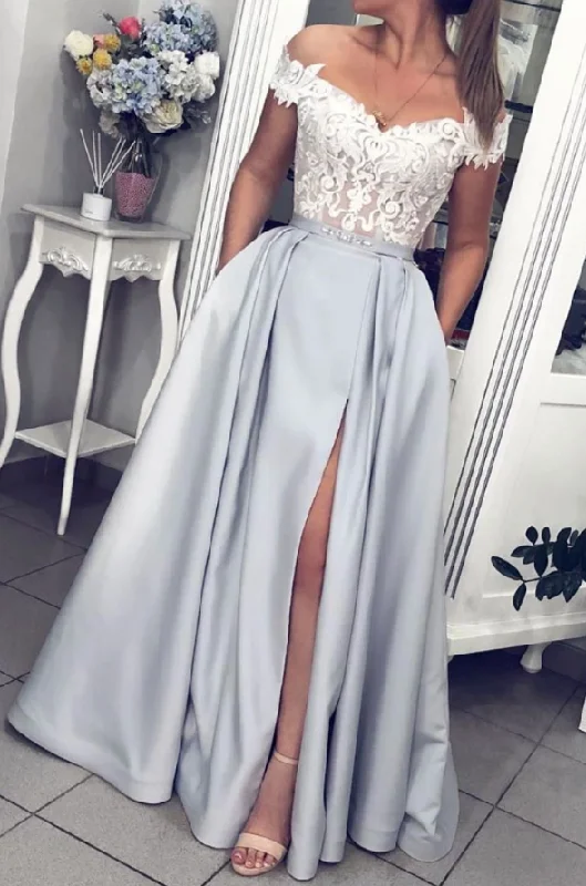 Women's Wedding Apparel Grab Romantic Date - Night Styles Now Gray lace off shoulder satin long prom dress gray lace evening dress cg5124