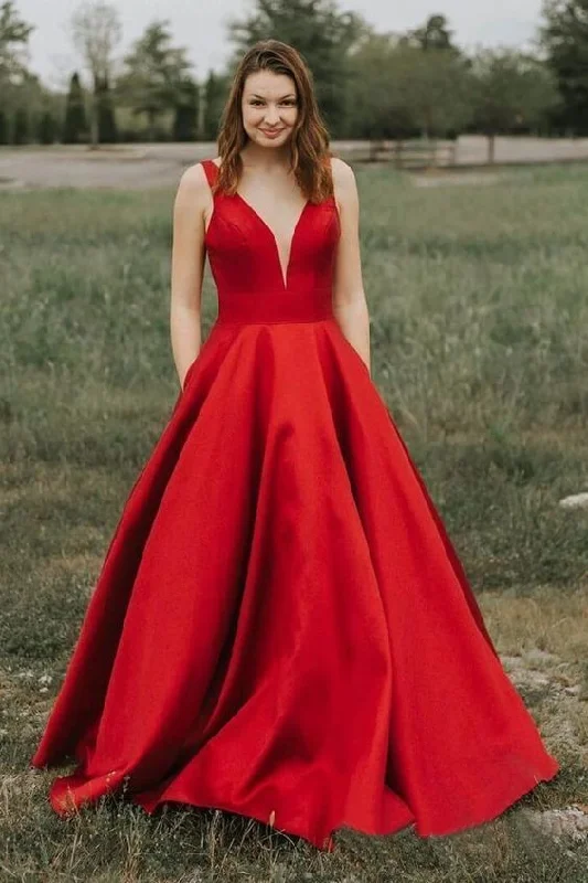 Women's Casual Apparel For Weekends Limited - Edition Drops Simple A-line V-neck Satin Long Cheap Red Prom Dresses with Pocket   cg15377