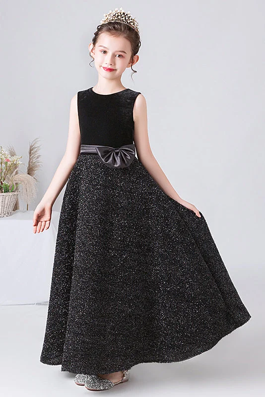 Women's Trendy Casual Outfit Feminine Soft - Hued Look Sparkly A Line Black Sleeveless Bownot Flower Girl Dresses