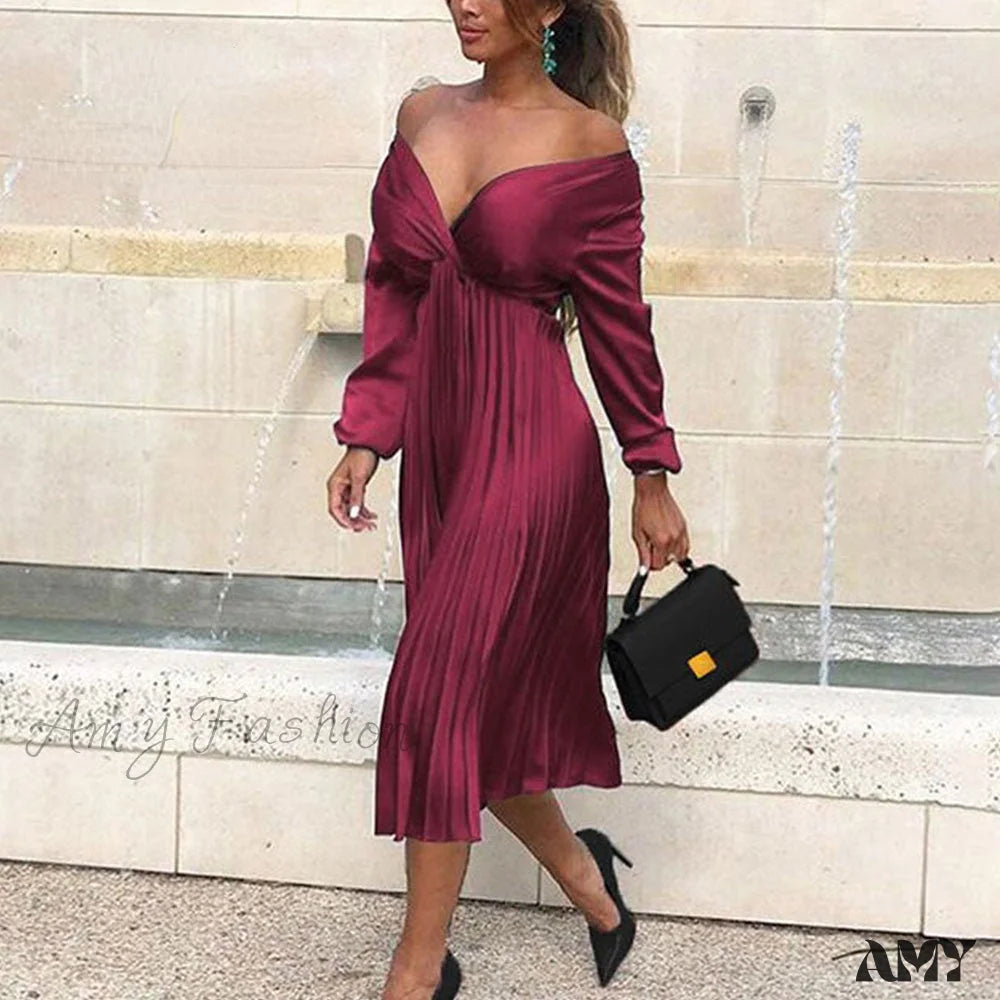 Women's Active Clothing Y2K Nostalgic Fashion Look Amy Fashion - Elegant Off Shoulder V Neck Satin Pleated Midi Dress