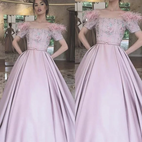 Women's Activewear Outfit Pink prom dress ball gown short sleeve feather beaded boat neckline elegant prom gown  cg6382