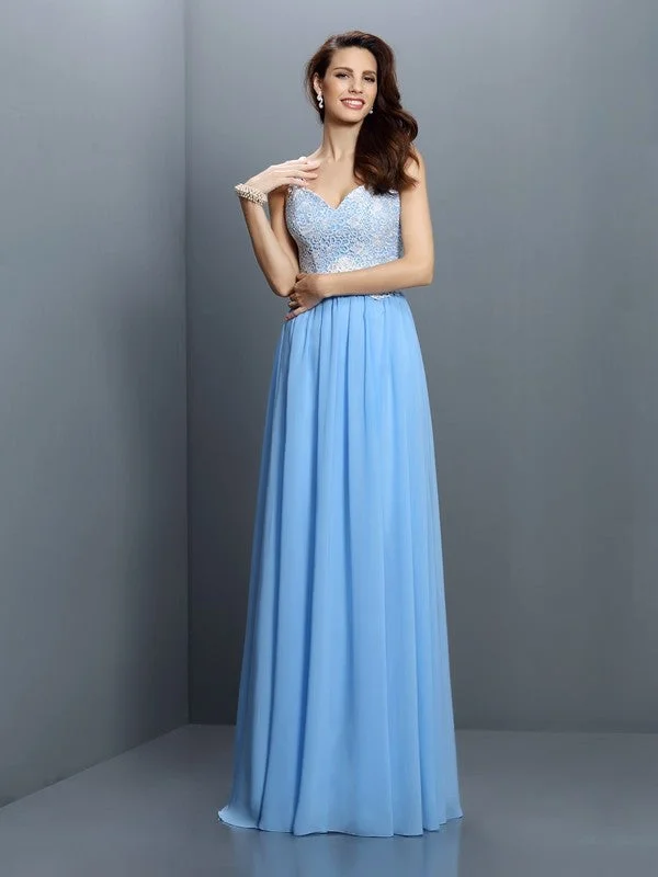 Women's Cozy Winter Attire Soft Textures A-Line/Princess V-neck Lace Sleeveless Long Chiffon Bridesmaid Dresses