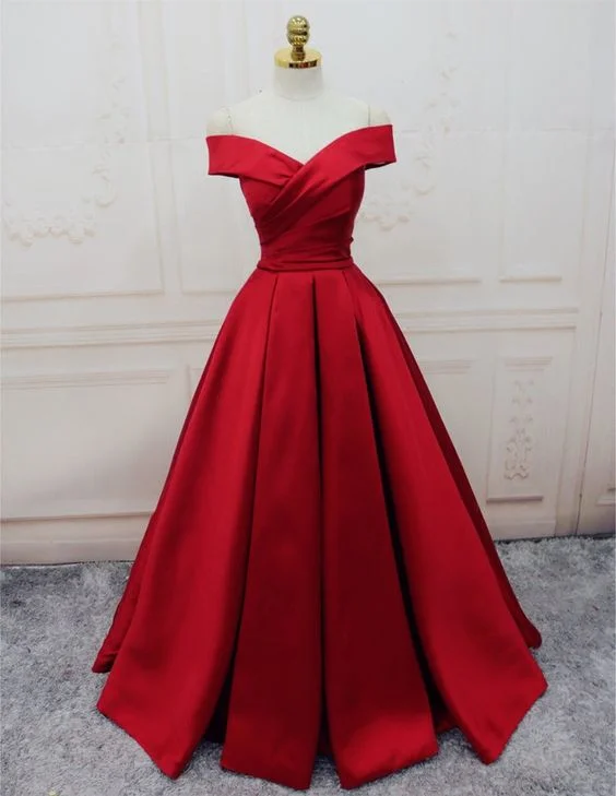 Women's Formal Event Attire Limited - Stock Evening Dresses, A-line/Princess Prom Dresses, Long Party Dresses, Off-the-shoulder red Long satin party dress  cg471