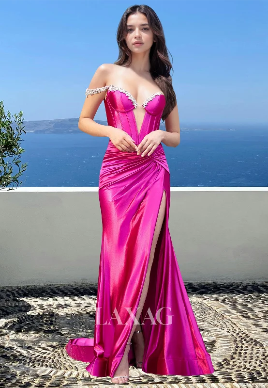 Women's Outerwear Apparel Limited - Time Bundle Beaded Sweetheart Sleeveless Off-Shoulder Pleated Sweep Train Mermaid Prom Dress with High Slit