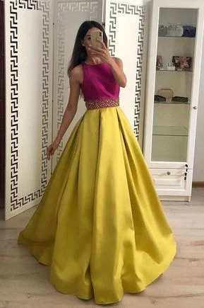 Women's Outerwear Apparel Feminine Soft - Hued Look Stunning A Line Satin Yellow Beaded Sleeveless Long Prom Dresses  cg6349