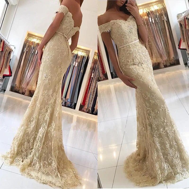 Women's Travel Garments Modern Romance Champagne Lace Prom Dresses Long Evening Formal Gown  Off Shoulder Vestido De Festa