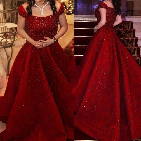 Comfortable Women's Apparel sparkly prom dress ball gown beaded lace appliqué boat neck Burgundy elegant prom gowns  cg9371