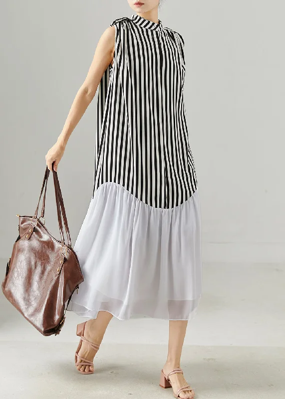 Women's Party Outfit Artful Design Women Black Striped Patchwork Chiffon Holiday Dress Sleeveless