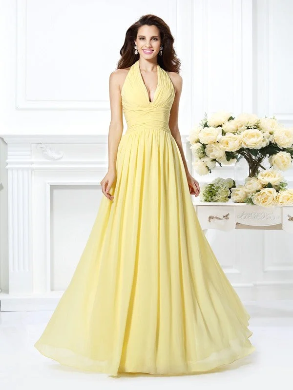 Women's Loungewear Clothes Lightweight Fabric A-Line/Princess Halter Pleats Sleeveless Long Chiffon Bridesmaid Dresses