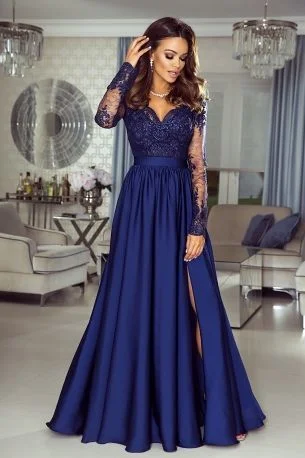 Women's Casual Outfit Feminine Charm navy blue prom dresses long sleeve satin lace appliqué deep v neck elegant cheap prom gown  cg9140