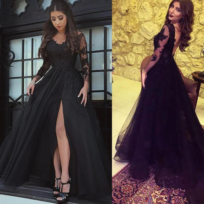 Women's Workout Garments Bold Patterns Black Lace Long Sleeves Prom Dresses with Sexy Split Evening Formal Gown Vestido De Festa 2021