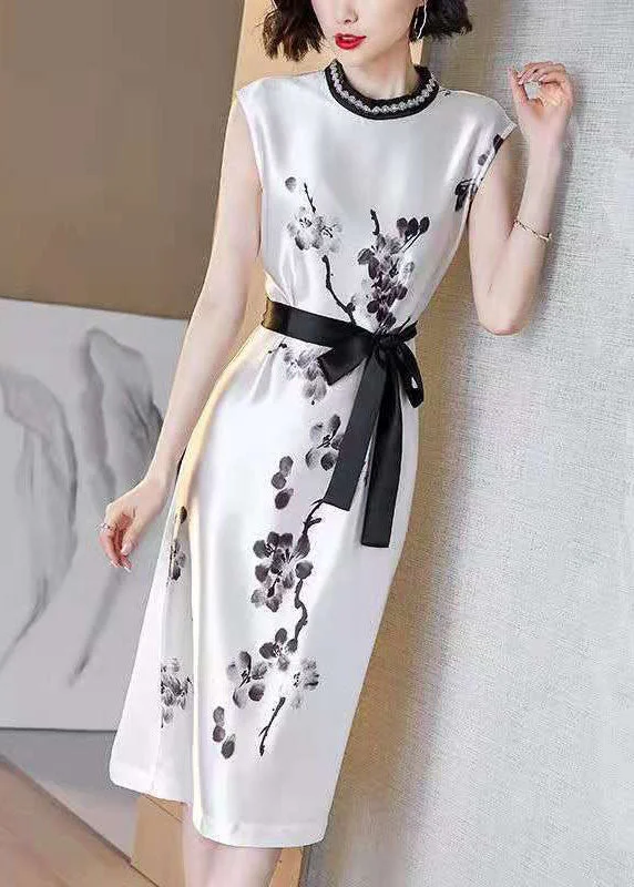 Women's Clothing Sets Early Access to Art Deco Styles Sale Women White Cinched Ink Print Silk Dresses Sleeveless