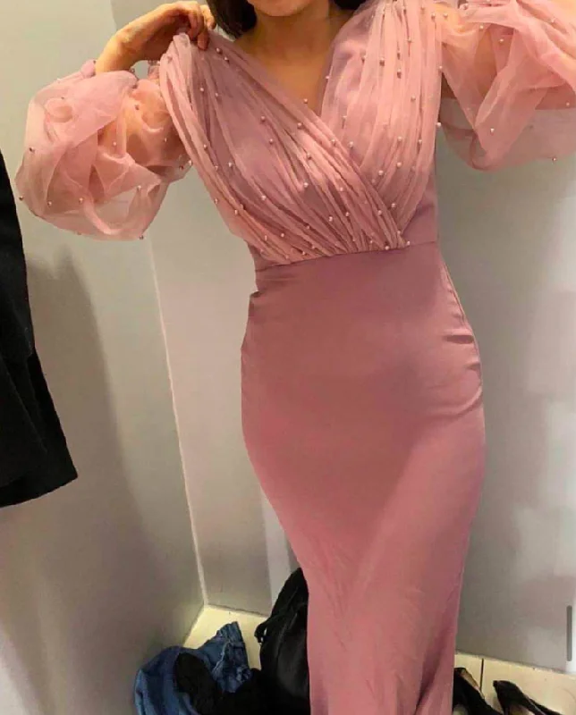 Vintage-Inspired Women's Clothes Fashion-Forward Style pink prom dresses 2020 v neck pearls long sleeve mermaid satin evening dresses formal dresses   cg13594