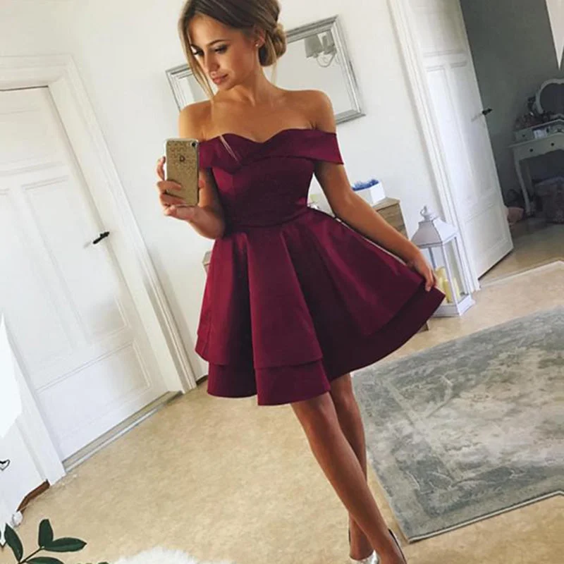 Women's Chic Outerwear Attire Discounts on Casual Weekend Styles Lovely 2022 Dark Red Off the Shoulder Short  Graduation Prom Dress 8th Grade Junior Prom Gown