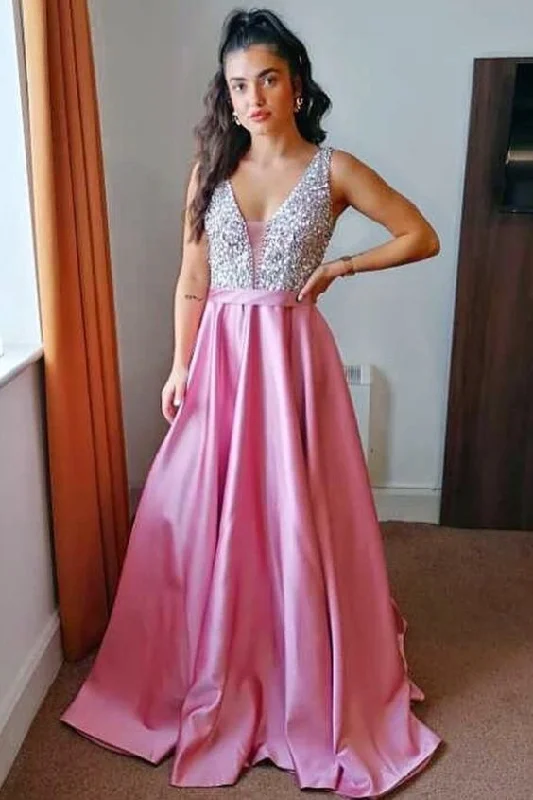 Women's Resort Attire Holiday Sale princess pink satin and silver sequins top long prom dress formal dress   cg11360