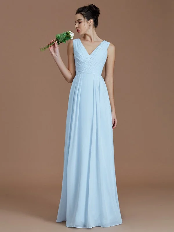 Women's Plus-Size Casual Outfit Elevated Style A-Line/Princess V-neck Sleeveless Ruched Floor-Length Chiffon Bridesmaid Dresses