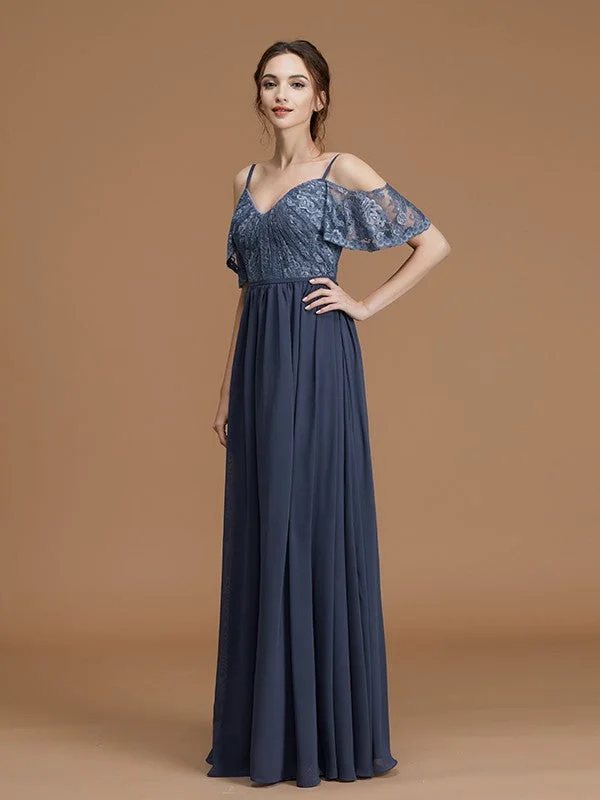 Women's Active Clothing Coastal Beach - Inspired Style A-Line/Princess Spaghetti Straps Sleeveless Floor-Length Lace Chiffon Bridesmaid Dresses