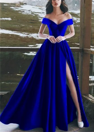 Women's Active Outfit For Fitness Classic Timeless Elegant Style Elegant V-neck Off The Shoulder Long Satin Royal Blue Prom Dresses cg1081