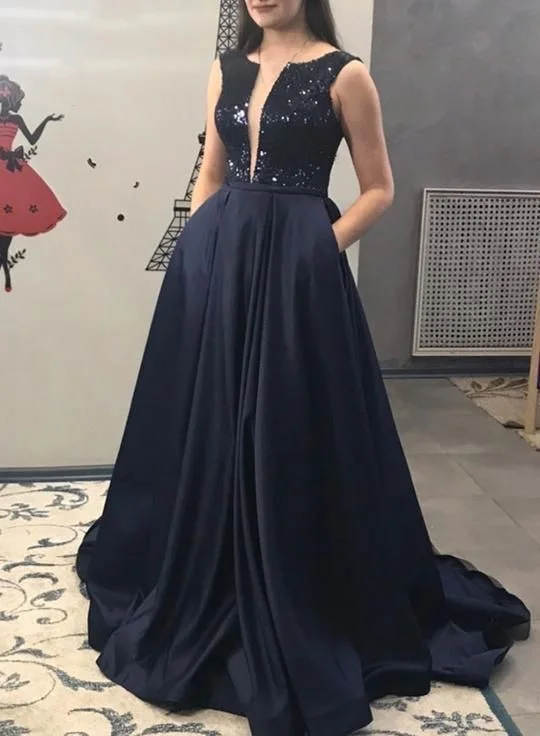 Women's Clothing For Casual Outings Mid - Season Sale Sequins V Neck Long Satin Evening Dress, Prom Dress With Pocket   cg11959