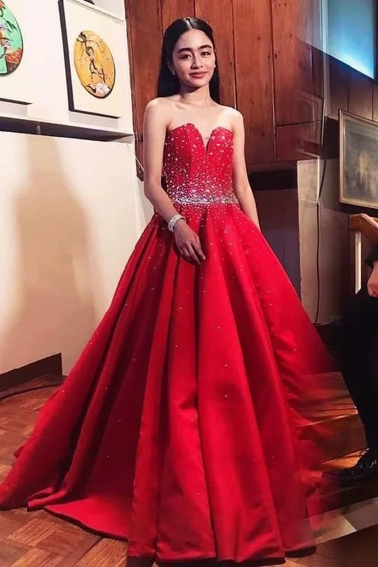 Women's Casual Wear Clothing Big Savings on Minimalist Office Styles Red Satin Sleeveless Sweetheart Prom Dresses Ball Gowns with Beading   cg12401