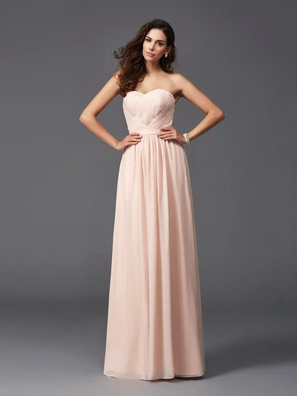 Women's Clothing Graceful Movement A-Line/Princess Sweetheart Pleats Sleeveless Long Chiffon Bridesmaid dresses