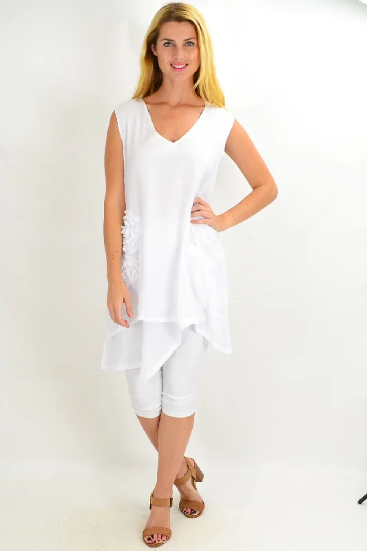 Women's Versatile Apparel Clearance Event White Applique Sleeveless Tunic Top