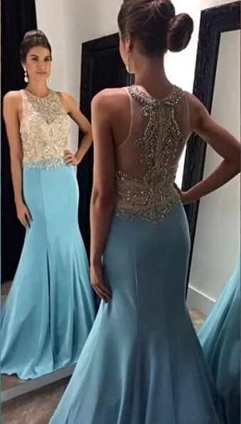 Women's Elegant Outfit Modern Romance Blue Trumpet/Mermaid Satin Beaded Prom Dresses   cg8796