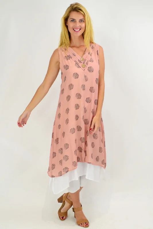 Women's Formal Clothes Anniversary Sale Sleeveless Dusty Pink Dots Overlay Tunic Dress