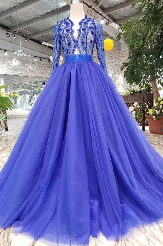 Women's Office Outfit Elegant Blue Tulle Deep V Neck Long Sleeve Beads Ball Gown Prom Dresses with Lace up  cg5923