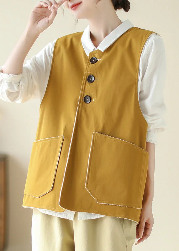 Women's Office Clothing Discounts on Casual Weekend Styles New Yellow Pockets Wear On Both Sides Cotton Waistcoat Sleeveless