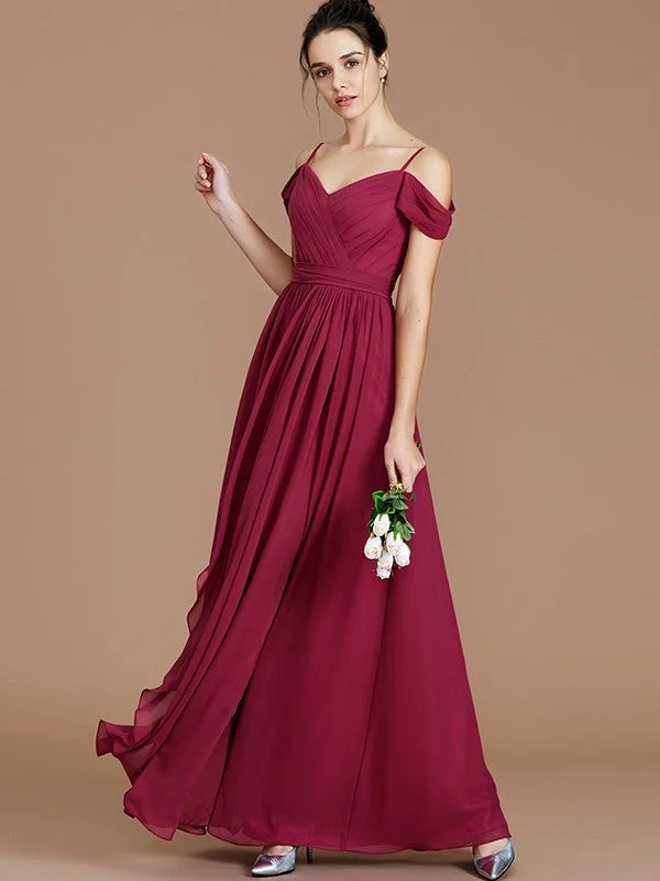 Women's Classic Outfit Lightweight Fabric A-Line/Princess Off-the-Shoulder Sleeveless Ruched Floor-Length Chiffon Bridesmaid Dresses