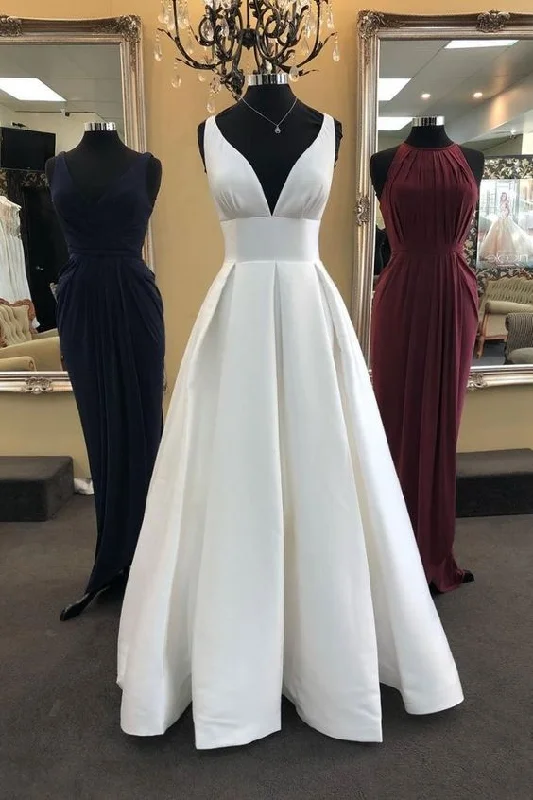 Charming Women's Outfit For Special Occasions Minimalist Office - Ready Style WHITE V NECK SATIN LONG PROM DRESS, WHITE EVENING  cg1186