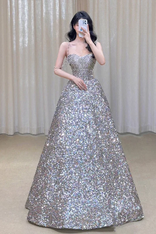 Women's Garments Clearance Event Gorgeous Ball Gown Straps Sequin Silver Long Evening Dress Prom Dresses Birthday Outfits C3586