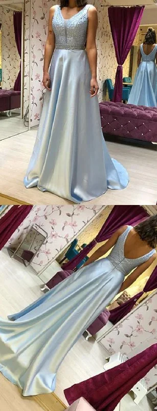 Women's Athletic Outfit Casual Elegance Blue Prom Dress,Satin Evening Dresses,A-Line Prom Dresses,Beading Prom Gown  cg9132