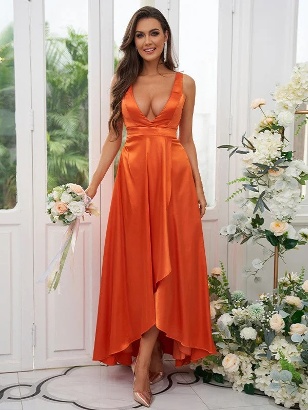 Timeless Women's Outfit Playful Elegance A-Line/Princess Silk like Satin Ruffles V-neck Sleeveless Ankle-Length Bridesmaid Dresses