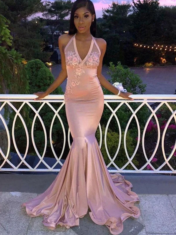 Fashion-Forward Women's Clothing Mother's Day Special Mermaid Halter Long Satin prom Dress   cg10475