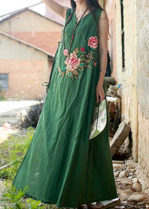 Plus-Size Women's Clothing Hollywood Glam Award - Show Style Retro Green V Neck tie waist Embroideried Long Dress Sleeveless