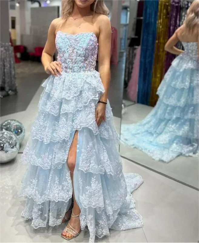 Modern Women's Attire Mid - Season Sale Women A-Line Lace Prom Dresses Long Slit Appliques Evening Gowns Sleeveless Formal Party Dress YPD611