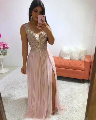 Comfortable Outfit For Women Stunning Pink Long Evening Dress Appliques Beaded Side Split Formal Prom Dresses Women Party Gowns   cg6504