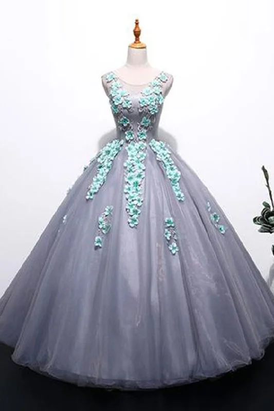 Fashionable Women's Outfit Unique gray tulle long winter formal prom dress with appliqués, long plus size prom gown  cg6081