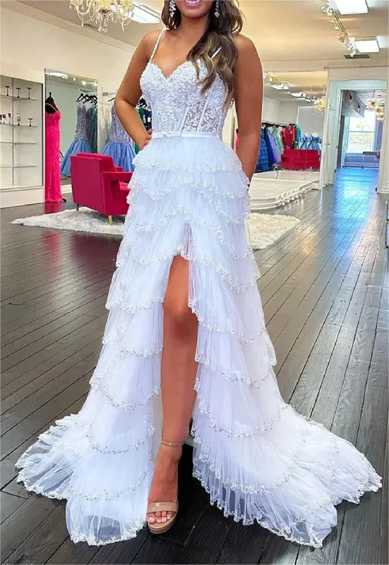 Women's Vacation Attire Limited - Stock Women A-Line Lace Prom Dresses Long Appliques Slit Evening Gowns Sleeveless Formal Party Dress YPD618